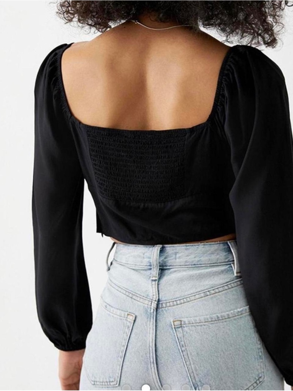 Abercrombie Smocked Puff Sleeve Crop Top Black Square Neck Blouse XL Stretch Fit